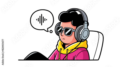 Cartoon Gamer with Headphones, Audio Wave, and Concentrated Expression
