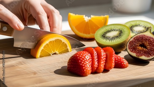 Fototapeta Naklejka Na Ścianę i Meble -  Various fresh sliced fruits prepared on cutting board in bright kitchen