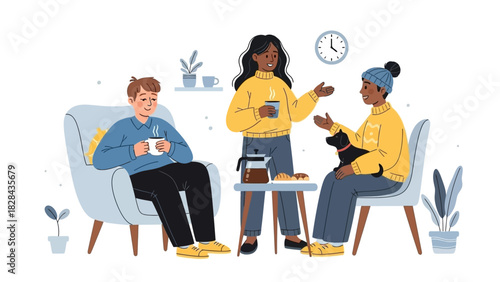 Friends Gathering with Hot Drinks and Snacks at Home Illustration