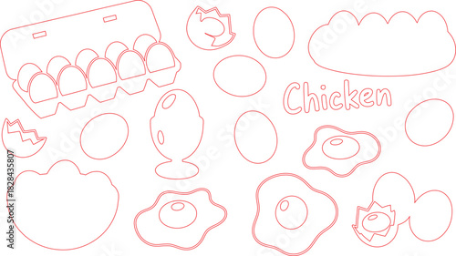Red Outlines of Eggs, Egg Carton, Fried Eggs, Eggshells and Chicken Lettering on White