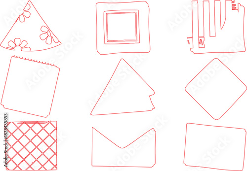 Red Outlines of Everyday Objects Party Hat, Frame, Stapler, Notebook, Tent, Box