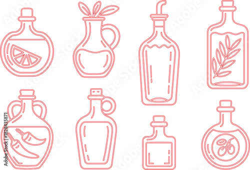 Red Outlines of Infused Oil Bottles Citrus, Herbs, Pepper, Olive, and Cherry Designs