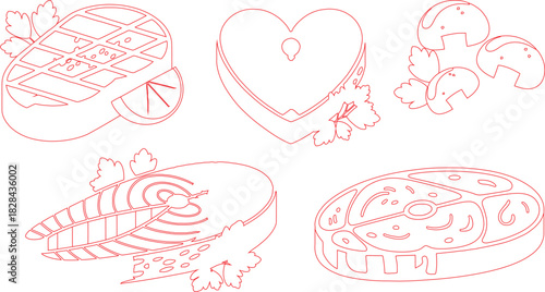 Red Outlines of Steak, Salmon, Tuna, and Mushrooms with Parsley Decorations