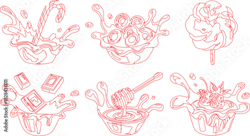 Red Outlines of Sweets Candy Cane, Cereal, Cotton Candy, Chocolate, Honey, and Berries