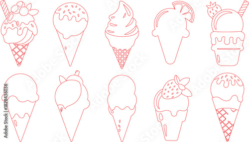 Red Outlines of Ten Varied Ice Cream Cones with Toppings on a White Backdrop