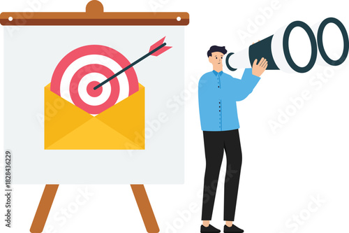 Email marketing and subscribing to a newsletter or sending online promotions to direct customers to a website advertising, businessman with megaphone and target email on computer laptop.
