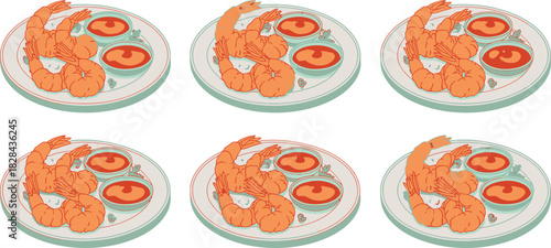 Repeating Plates of Shrimp Cocktail with Two Bowls of Red Dipping Sauce Pattern