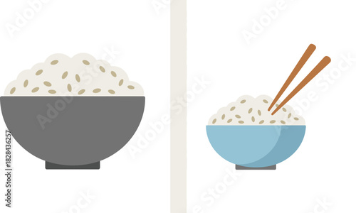Rice Bowl Illustration Grey Bowl of Rice and a Blue Bowl with Chopsticks