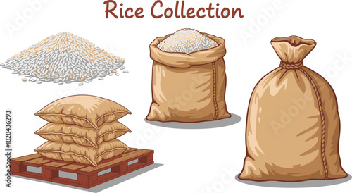 Rice Collection Illustration of Bags, Pallet, and Piles of Rice Grain on White Background