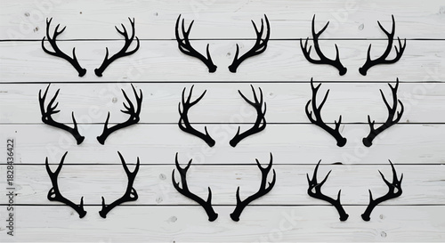 Arrangement of Faux Deer Antlers on Rustic White Wood Background for Seasonal Decorations and Crafts with a Minimalist Aesthetic and Country Charm
