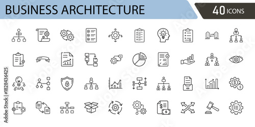 Business Architecture icon set. Includes icons for capability, framework, structure, workflow, strategy, blueprint, governance, planning, system, and process. Outline icons .