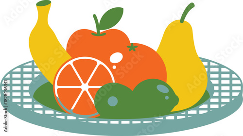Still Life Illustration of Fruit in Woven Basket Banana, Orange, Lime, Pear, Apple