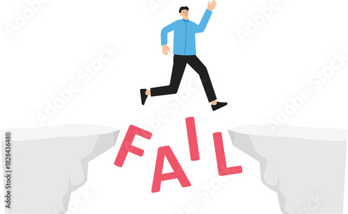 Man jumping and crashing and destroying the wall of failure, optimistic concept in trying and never giving up.

