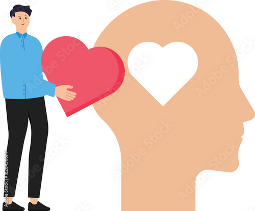 Emotional intelligence and the ability to understand feelings and emotions, mental health and balance between thoughts and emotions, man with his heart climbing the stairs to his head.
