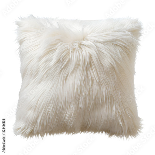 White fluffy decorative pillow with long faux fur texture, isolated on transparent background