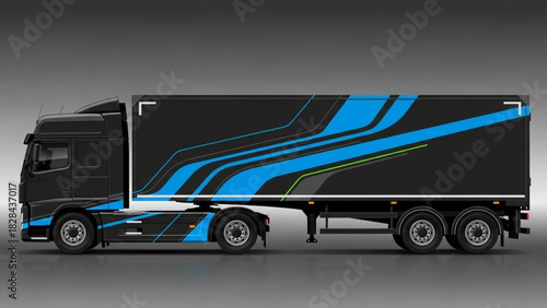 Black semi-trailer truck with blue graphics on a gray background.