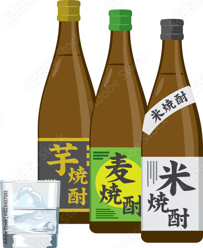 芋焼酎、麦焼酎、米焼酎とグラスのイメージイラスト
