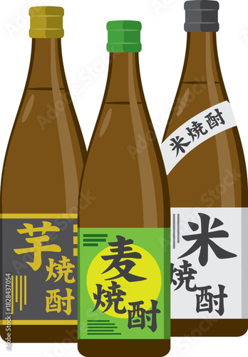 芋焼酎、麦焼酎、米焼酎のイメージイラスト