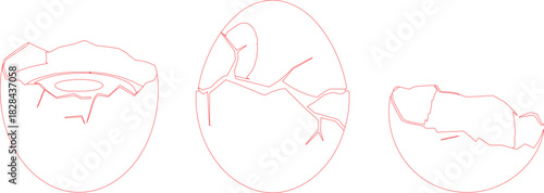 Three Red Outlines of Cracked Eggs on a White Background, Broken Shells