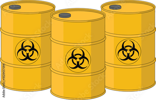 Three Yellow Barrels with Biohazard Symbols Stacked Together for Hazardous Waste Disposal