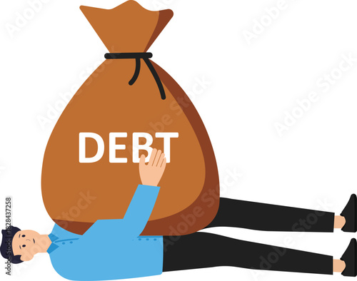Mortgage or borrow money problem, debt burden and financial obligation or loan repayment, heavy burden of money failure, businessman trying to carry bag of money losing big debt banknotes.
