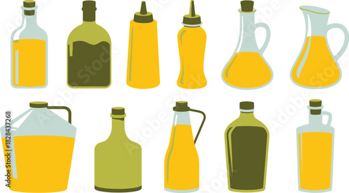 Various Oil Bottles and Containers Illustration with Yellow Liquid on White Background Flat Design