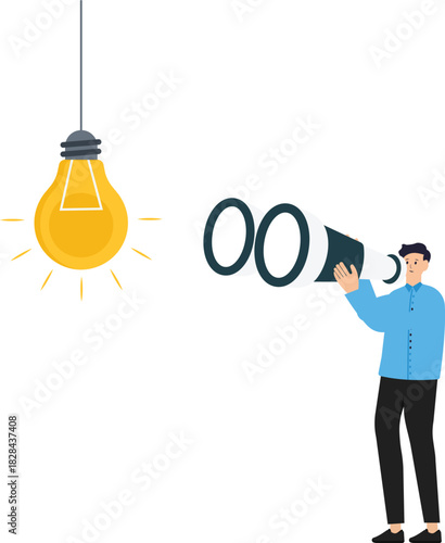 Creative ideas for new jobs, Looking for new ideas for business opportunities or new projects. Businessman using binoculars to look for light bubble idea.
