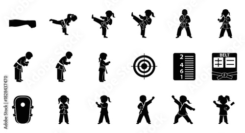 Dynamic Silhouette Collection of Children in Youth Karate Class Learning Discipline