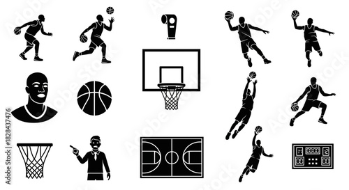Dynamic Basketball Action Silhouettes Capturing Peak Moments on Court