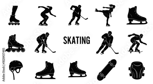 Dynamic Black Vector Silhouettes for Skating, Rollerblading, and Skateboarding