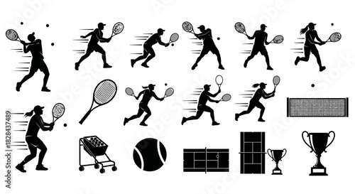 Crisp Black Vector Silhouettes of Tennis Strokes and Court Dynamics