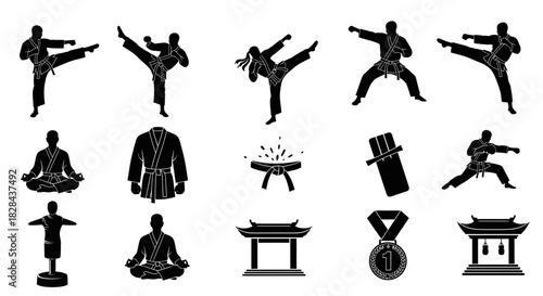 Elegant Stylized Martial Arts Silhouettes: Key Forms and Training Elements