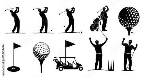 Elegant Black Vector Silhouettes for Golf Swings and Course Essentials