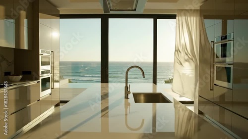 Serene kitchen scene with ocean view, large island, minimalist cabinets, and natural light illuminating the interior