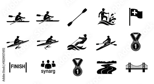 Precise Technical Rowing Silhouettes: Crew Actions and Nautical Elements