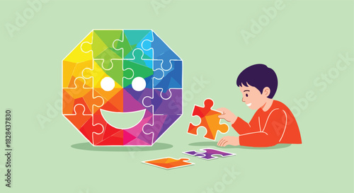 Vector Illustration of Colorful Puzzle Face with Child Assembling Jigsaw in Modern Playful Style