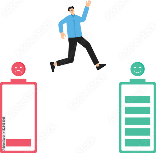 businessman running on a mood energy battery to a good or full mod. Mental health power concept
