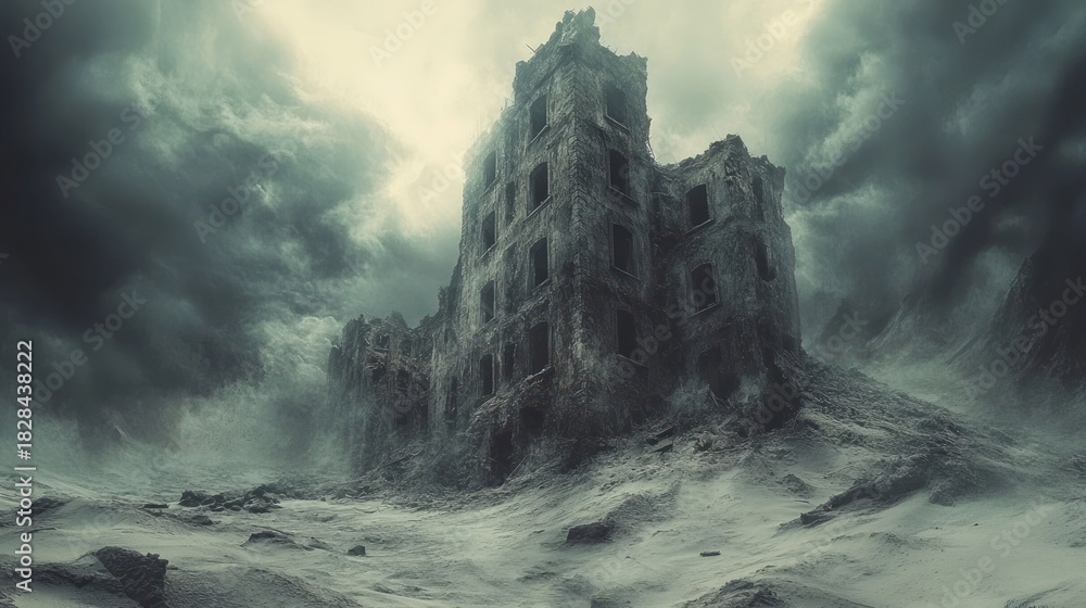 Fototapeta premium Ruined building in a desolate, stormy landscape