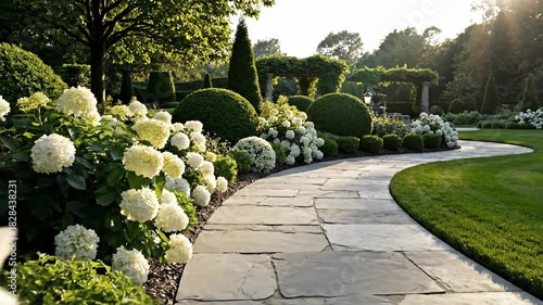 Serene garden path winding through manicured green spaces with white flowers on a sunny day