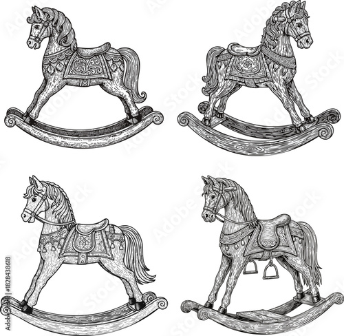 Vintage Rocking Horse Toy Coloring Page Vector Illustration
