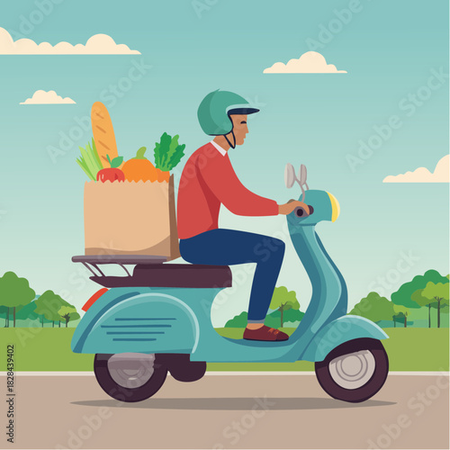Grocery Delivery Courier on Scooter Vector Illustration
