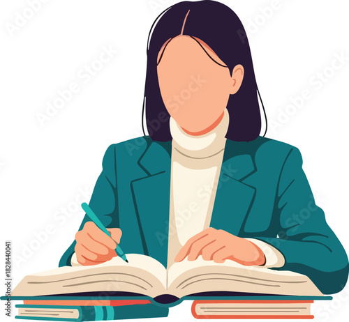 Minimalist Vector Illustration of a Woman Reading Books in Modern Style with Neutral Colors for Educational and Literary Design