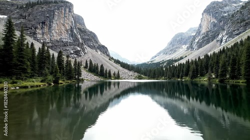 Serene mountain lake reflects towering cliffs and lush forest on a bright, overcast day