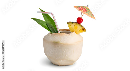 Tropical coconut cocktail with pineapple and cherry garnish