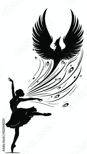 Ballet dancer's graceful movement transforms into a mythical phoenix in flight.