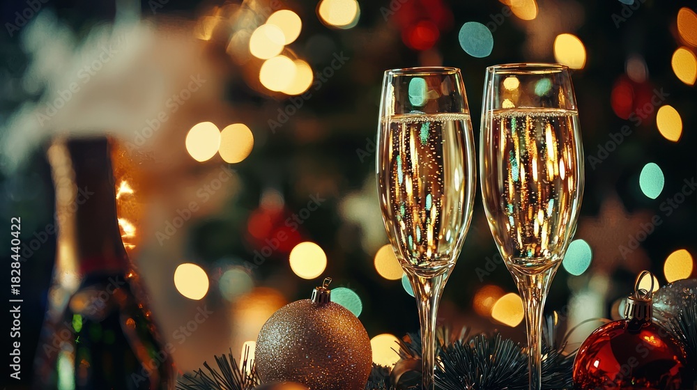 Obraz premium Two champagne glasses with sparkling champagne on a festive background with Christmas decorations.