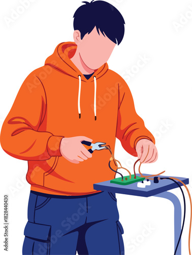 Vector Illustration of Boy Using Multimeter in Flat Style with Bright Colors for Educational or Technology Design