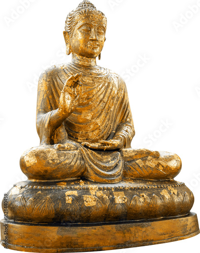 Golden seated Buddha statue, Gold Buddha statue in a meditative posture, showing detailed texture, aged gold leaf, and serene expression