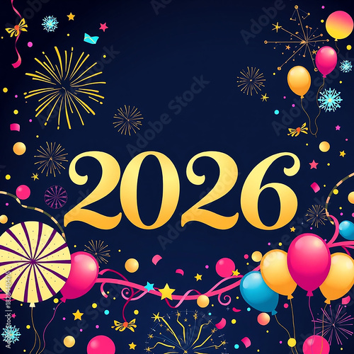 Sparkling 2026 New Year Celebration with Fireworks and Balloons. Generative Ai.