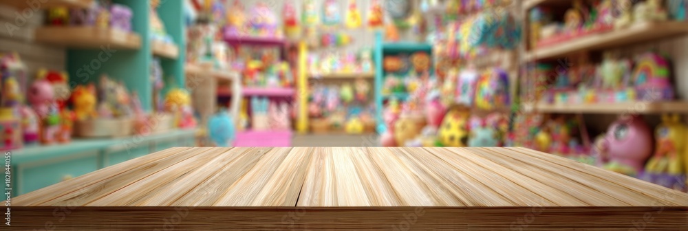 Naklejka premium Colorful Playroom Display Inviting Children to Explore New Toys on a Simple Wooden Table Ready for Fun Activities